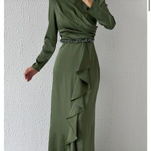 Satin Modest Evening Dress Light Khaki Green with Bead Detail at the Waist